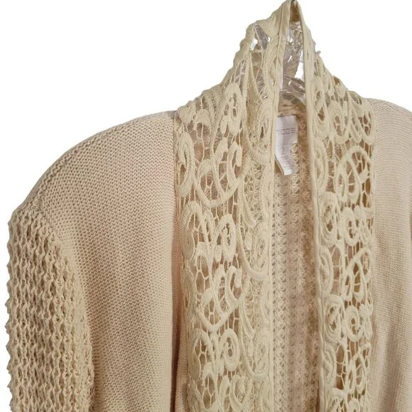 Chico's 2 Size L Cardigan Open Leslie Lace Front Long Jacket Cotton Blend Beige - Picture 6 of 10